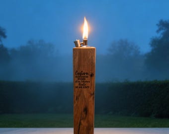 Oak Fire Torch – Dandelion & Loving Heartfelt Sayings – Personalized Engraving – Gift Full of Love – Garden and Terrace – 20–90 cm