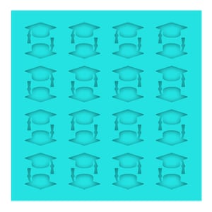 May include: A turquoise blue silicone mold with 16 individual cavities shaped like graduation caps. The mold is designed for making edible decorations for cakes or cupcakes.