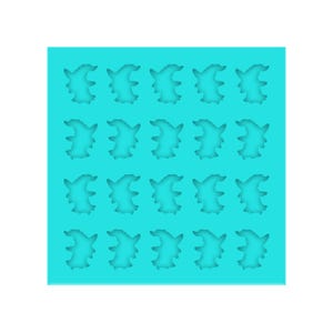 May include: A turquoise silicone mold with a grid of twenty indentations shaped like a stylized sea creature. The mold is rectangular and has a smooth surface. The indentations are evenly spaced and create a repeating pattern.
