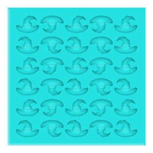 May include: A turquoise blue silicone mold with 36 individual cavities shaped like witch hats. The mold is designed for making chocolate or candy treats.