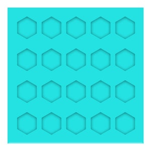 May include: A turquoise blue silicone mold with 20 hexagonal cavities. The mold is designed for making small treats or candies.