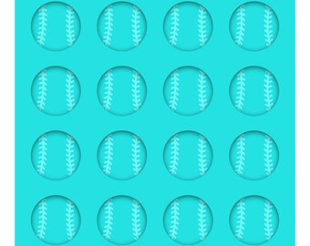 May include: A turquoise blue background with 16 white baseballs arranged in a 4x4 grid.