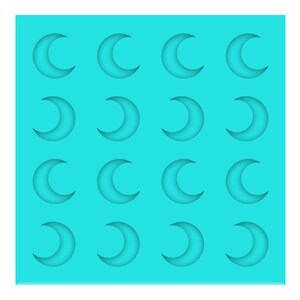 May include: A turquoise square with a grid of sixteen crescent moon shapes. The moons are a lighter shade of turquoise, creating a subtle, three-dimensional effect. The design is simple and modern, suitable for various craft projects.