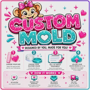 May include: A colorful graphic promoting custom molds. The text "CUSTOM MOLD" is in pink and teal with a monkey illustration. Steps include choosing size and color, describing the mold, and uploading design images. The process is "Designed by You, Made for You!"