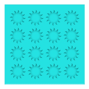 May include: A turquoise blue silicone mold with 16 sun-shaped cutouts. The mold is perfect for making decorative soaps, candles, or resin crafts.