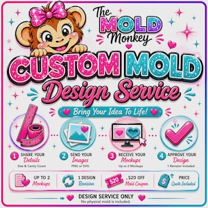 Könnte beinhalten: Ein farbenfrohes Bild, das für den Custom-Mold-Design-Service "The Mold Monkey" wirbt. Das Bild zeigt einen Cartoon-Affen, Text und Symbole, die den Designprozess detailliert beschreiben.