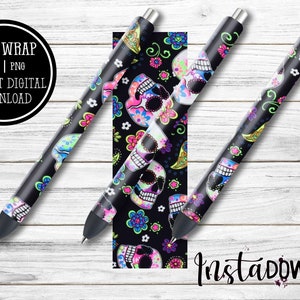 Owijki na długopisy z brokatem Sugar Skull | Projekt owijki na długopis z żywicy epoksydowej Day of the Dead | Projekt długopisu z brokatem Waterslide | Pobierz pliki PNG JPEG SVG
