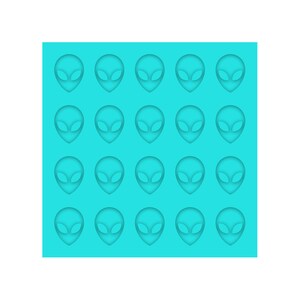 May include: A teal silicone mold featuring 20 alien head shapes. Each alien head has large, oval eyes and a smooth, rounded head. The mold is designed for creating small, themed crafts or treats.