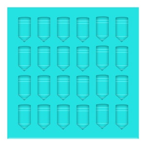 May include: A turquoise blue silicone mold with 24 individual cavities shaped like pencils. Each cavity has a rounded top and a pointed bottom.