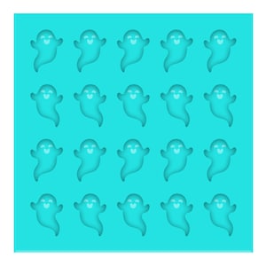 May include: A turquoise blue silicone mold with 16 ghost-shaped cavities. The mold is perfect for making Halloween-themed treats like candy, chocolate, or ice.