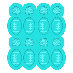 May include: A turquoise blue silicone mold with 12 cavities. The mold is designed to create football and cheerleader pom-pom shapes.