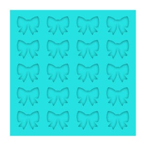 May include: A turquoise silicone mold with a grid of sixteen bow-shaped cavities. The bow shapes are recessed, creating a negative space design. The mold is square and suitable for crafting or baking.