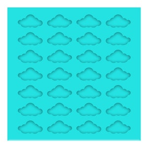 May include: A turquoise silicone mold with 24 cloud-shaped cavities. The mold is perfect for making chocolate, candy, or ice.
