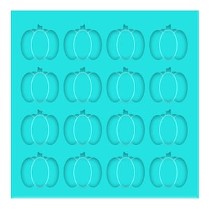 May include: A turquoise blue silicone baking mold with 16 pumpkin-shaped cavities.