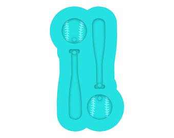 May include: A bright turquoise silicone mold featuring two recessed cavities shaped like baseballs with visible stitching details and two recessed cavities shaped like baseball bats, arranged in a vertical orientation on a flat surface.