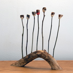 Roses Wood Art - arrangement of 7 hand-carved wooden roses on rose stems, mounted on a branch - &quot;Orla&quot;