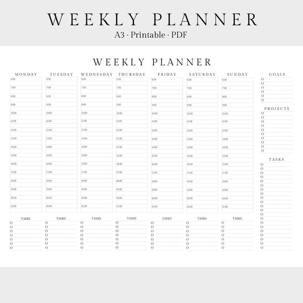 Weekly planner, A3 printable, productivity, minimalist, clean, elegant, goal setting, projects, to do, timetable, schedule, digital download