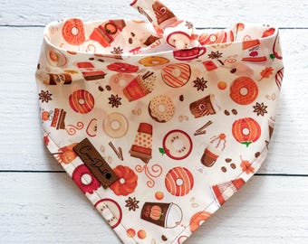 Pumpkin Spice Dog Bandana | Fall Coffee & Donut Dog Scarf | Autumn Tie On or Over the Collar Bandana | Cozy Pet Accessory | Dog Mom Gift