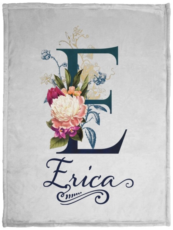 Personalized Floral Monogram Blanket, Custom Name and Initial Plush Fleece Throw, ANY NAME, A–Z