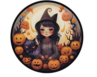 Halloween Anime strega ragazza con gatto nero e zucche ghirlanda segno Download digitale