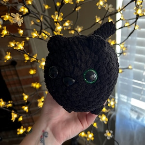 May include: A black crocheted plush toy cat with green eyes. The cat is being held in a person's hand.