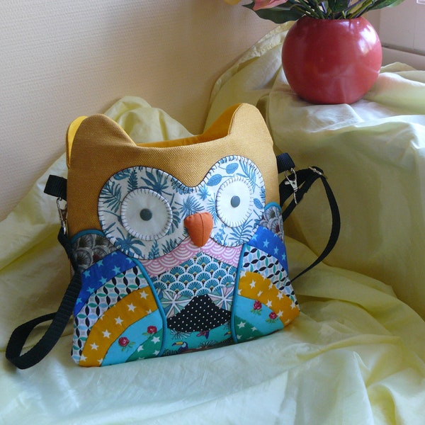 Sac hibou porté épaule tissu et patchwork