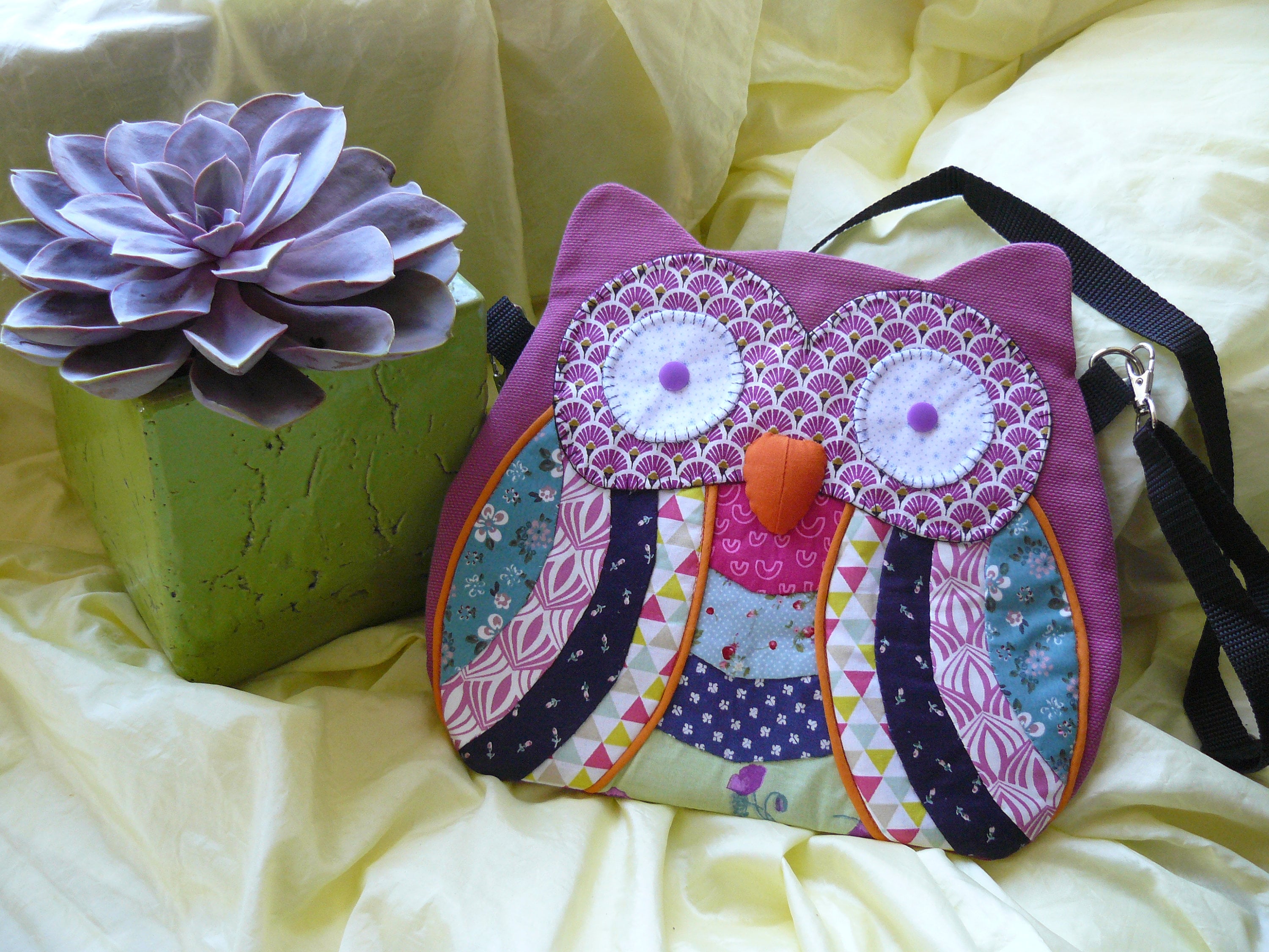 Hibou patchwork en coton sur sac bandoui&egrave;re femme