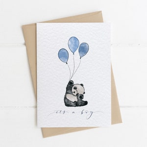 Het is een jongen kaart, schattige panda, felicitatie kaart zwangerschap, gefeliciteerd baby, baby panda, kaart voor nieuwe ouders, baby jongen ballon kaart