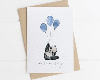 It&#39;s a Boy Card, Cute Panda, Congratulations Card Pregnancy, Congratulations Baby, Baby Panda, Card for New Parents, Baby Boy Balloon Card