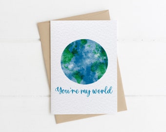 My World Anniversary or Love Card, 1st Wedding Anniversary Handmade Card, Unique Watercolour Card for Girlfriend or Boyfriend,