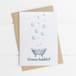 ¿Quieres burbuja?, tarjeta de aislamiento, tarjeta para amigo, tarjeta de bloqueo, tarjeta de felicitación a distancia social, tarjeta única de ilustración de baño de acuarela