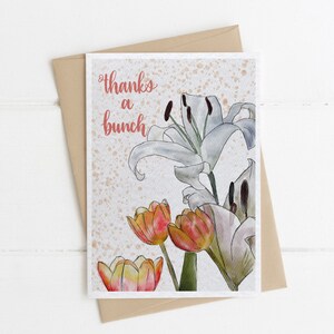 Merci une carte bunch, carte de fleurs aquarelle, Carte de remerciement, Bouquet mixte de fleurs de printemps Original Modern Art Card