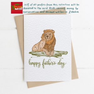 Carta Lions originale per la festa del papà, biglietto unico e dolce per la festa del papà, leone maschio e cucciolo arte acquerello biglietto d'auguri fatto a mano