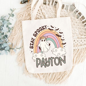 Custom Halloween Tote Bag Customized Pumpkin Witch Black Cat Skeleton Ghost Canvas Tote Bag for Trick or Treat Personalized Candy Gift Bag