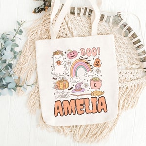 Custom Halloween Tote Bag Customized Pumpkin Witch Black Cat Skeleton Ghost Canvas Tote Bag for Trick or Treat Personalized Candy Gift Bag