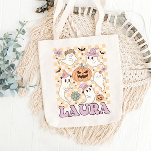 Custom Halloween Tote Bag Customized Pumpkin Witch Black Cat Skeleton Ghost Canvas Tote Bag for Trick or Treat Personalized Candy Gift Bag