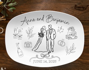 Personalized Wedding Platter, Custom Bridal Gift, Trendy Doodle Design, Names and Date, Anniversary