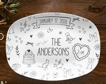 Personalized Wedding Platter, Custom Bridal Gift, Trendy Doodle Design, Names and Date, Anniversary