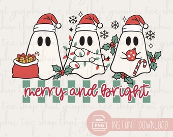 Merry and Bright Ghost PNG, Christmas Lights Digital Download, Retro Holiday Best Seller Graphic