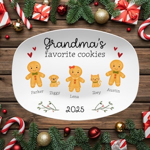 May include: White oval serving platter with the text "Grandma's favorite cookies" and gingerbread people and pets. The names Parker, Ziggy, Lena, Zoey, and Austin are printed below the characters. The year 2025 is printed at the bottom.