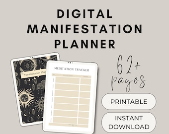 May include: Digital printable manifestation planner with 62+ pages. The planner features a black and white illustration of a sun, moon, and stars on the cover. The planner also includes a meditation tracker.