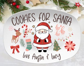 Personalized Cookies and Milk for Santa Christmas Platter Mug Set, Custom Holiday Serving Tray, Kids Name Plate, Customized Xmas Gift