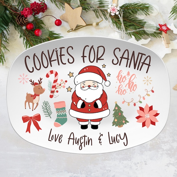 Personalized Cookies and Milk for Santa Christmas Platter Mug Set, Custom Holiday Serving Tray, Kids Name Plate, Customized Xmas Gift