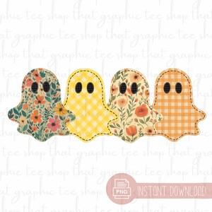 以下が含まれることがあります： 花柄とギンガムチェック柄の、お化けの形をした4つのデザイン。各お化けは黒い楕円形の目とステッチされたアウトラインを持っています。デザインにはオレンジ、黄色、クリーム色が含まれており、ハロウィンや秋をテーマにしたプロジェクトに最適です。