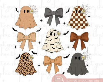 May include: A digital design featuring various Halloween-themed elements. The image includes several ghost illustrations in different colors and patterns, along with bows, bats, and spiderwebs. The text "INSTANT DOWNLOAD" is also present.