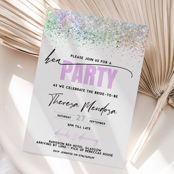 Editable Glitter Hen Party Invitation Template Hen Do Invite  Glitter Bachelorette Invitation INSTANT DIGITAL DOWNLOAD