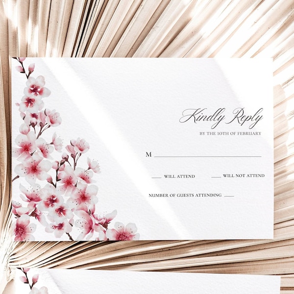 Cherry Blossom Wedding RSVP Template, Blush Pink Wedding Template. Digital Download, Japanese Wedding RSVP 5x3.5"