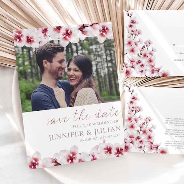 Bewerkbare Cherry Blossom Save the Date Template, Blush Roze Bruiloft Uitnodiging Digitale Download, Japanse Bruiloft Uitnodiging