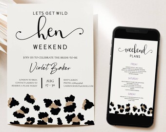 Editable Hen Weekend Invitation Template, Bachelorette Itinerary Template, Lets Get Wild Hen Party invite & Itinerary. DIGITAL DOWNLOAD