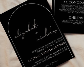 Modern Black Wedding Invitation Template Set, Wedding Invitation Set Digital Download, Black Arch Wedding Invite Printable DIY Invite & RSVP